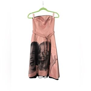 Maria Vazquez Original Silk Strapless Pink/Black Retro Faces A-Line Party Gown